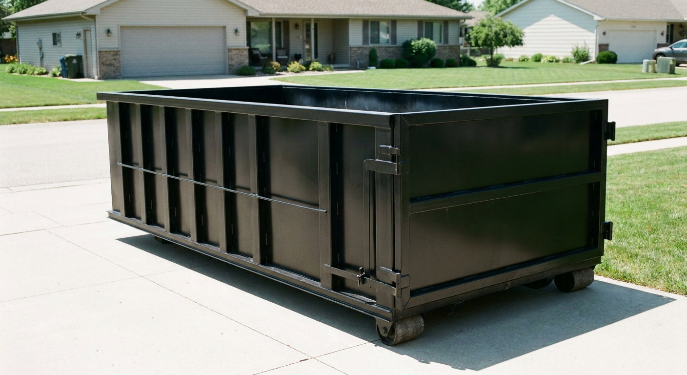 Matte-black 10-yard roll-off dumpster on a residential concrete driveway in Sunrise, uniformly painted matte black across every panel and rail, ribbed steel sidewalls and rear swing door visible, mid-day daylight.