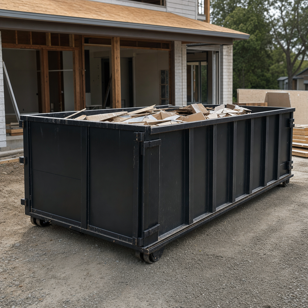 Large matte-black 30-yard construction roll-off dumpster at an active Sunrise jobsite, steel-gray top rails and bottom rollers visible, loaded with construction debris.