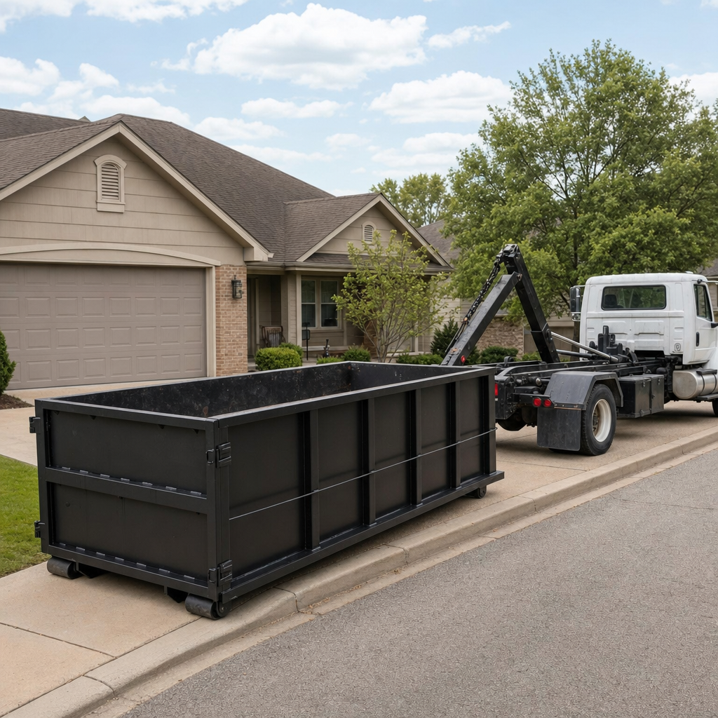 Wide documentary shot of a matte-black roll-off dumpster on a Sunrise residential driveway in the foreground and a contractor jobsite container in the soft-focus background, bright daylight, calm and orderly composition.