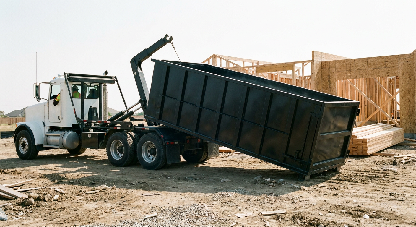 Matte-black roll-off dumpster being delivered onto a clean residential concrete driveway in Sunrise by an unmarked white hooklift hauler truck, bright morning daylight, documentary 35mm perspective.